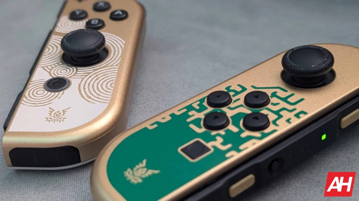 A Nintendo Switch Joy-Con controller is shown with visible signs of the analog stick drift issue.