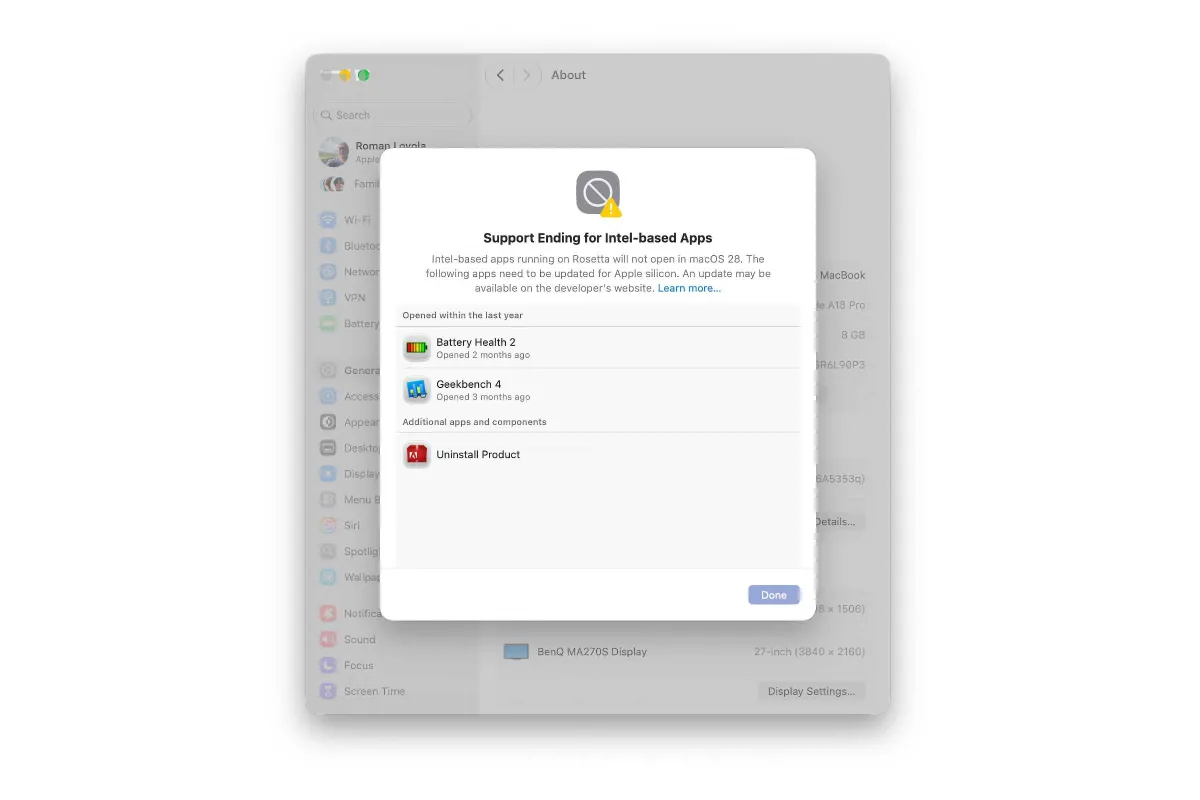 The macOS Golden Gate settings panel displays a compatibility warning list for Intel-based applications.