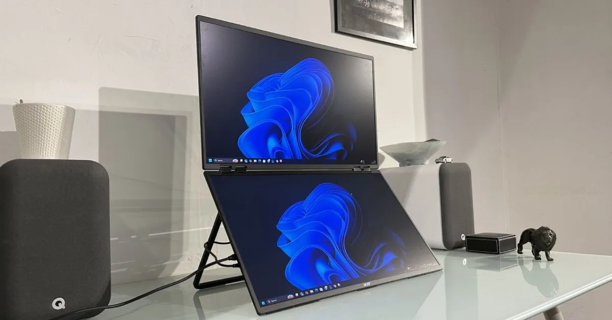 The Acer PD243Y E portable monitor features dual twenty-four inch screens and an adjustable hinge mechanism.