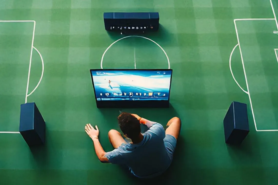 Living room soundbar setup positioned beneath a television displaying a football match