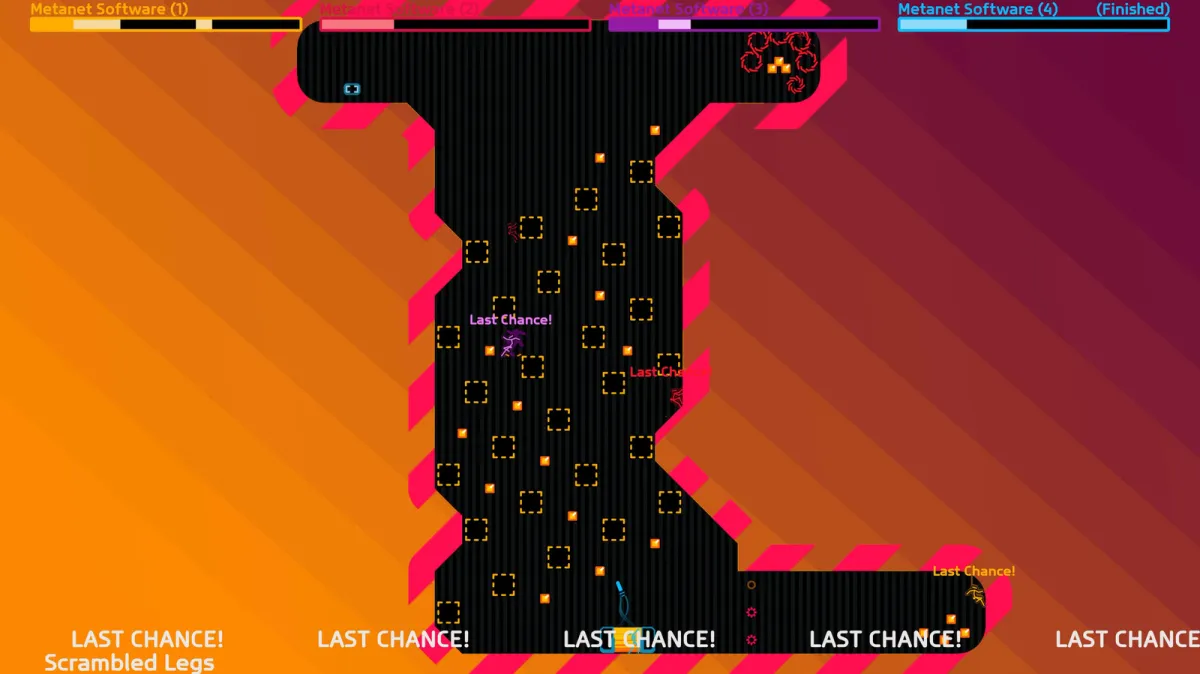 Geometric characters navigate a minimalist side-scrolling level with circular physics mechanics.