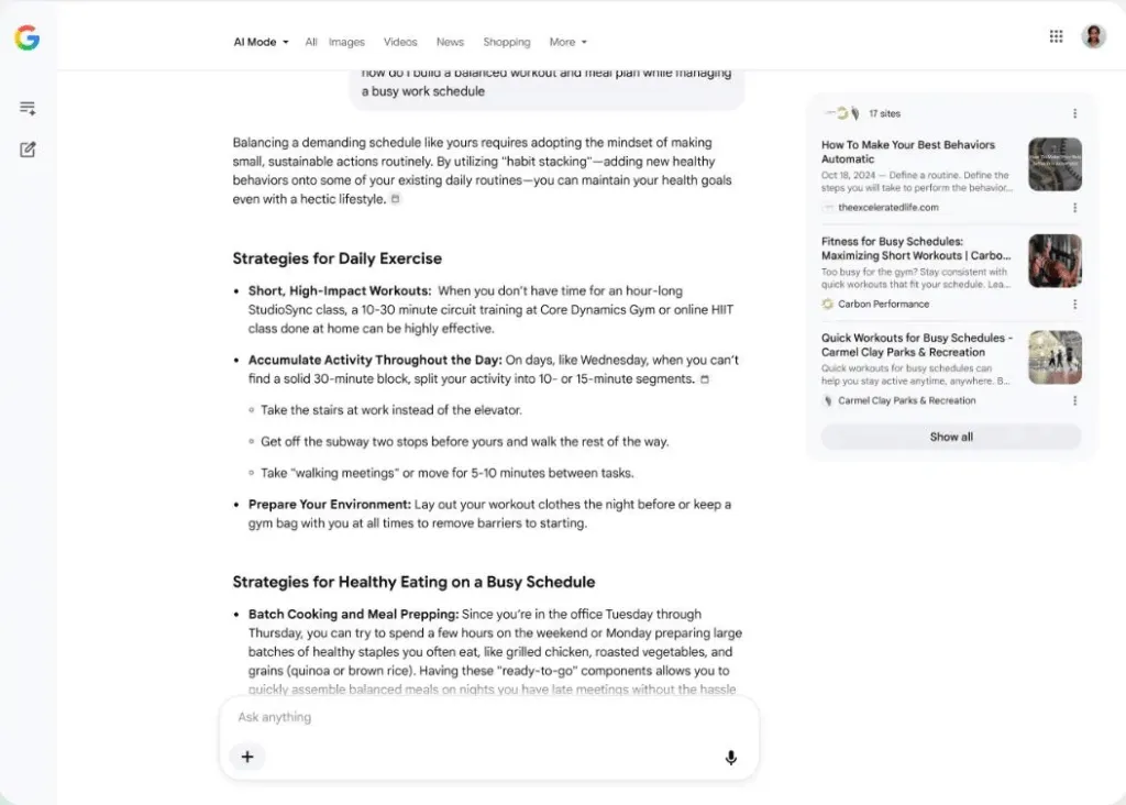 The Google search results page displays AI-generated summaries alongside traditional web links.
