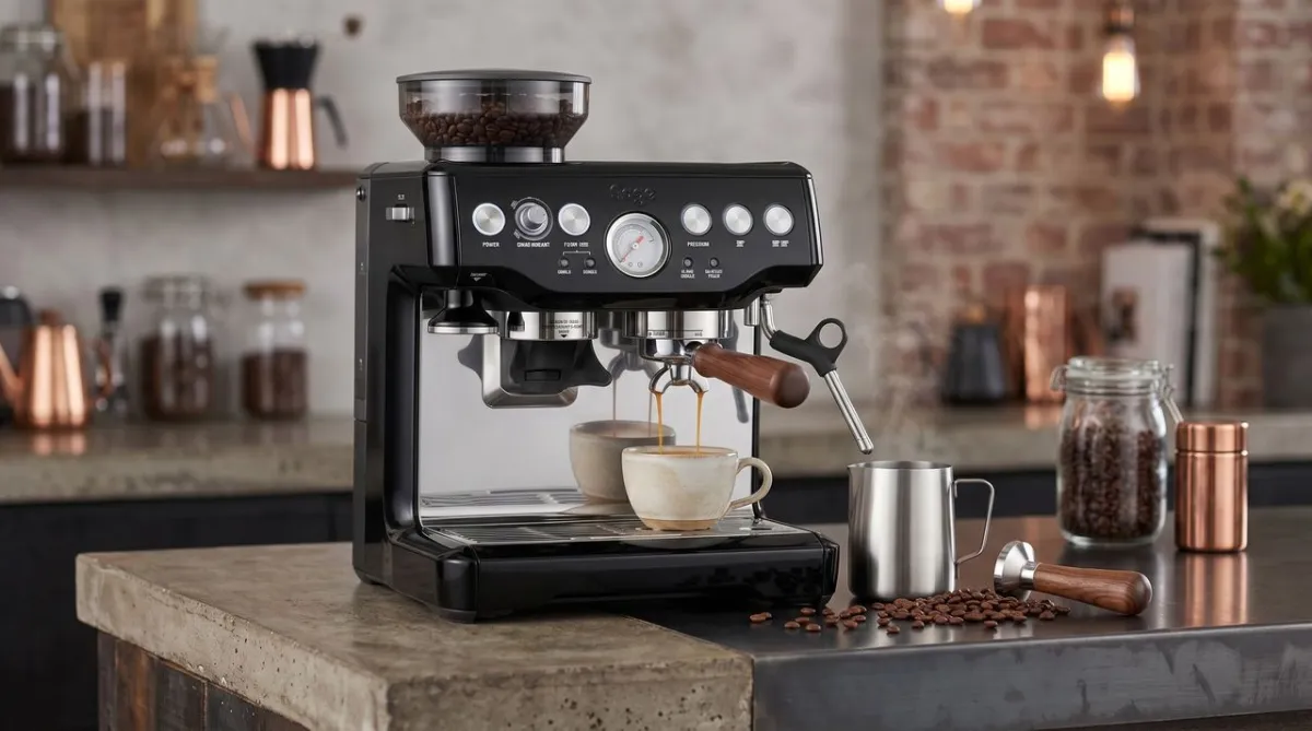 Breville Barista Express espresso machine featuring an integrated grinder and adjustable steam wand