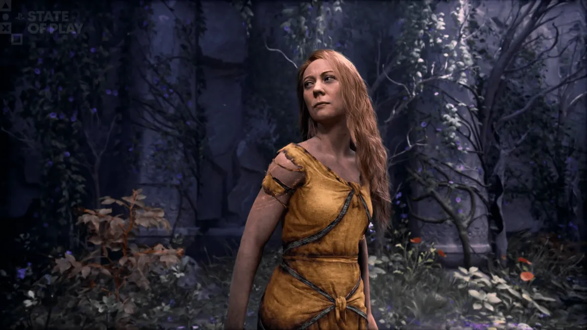 Promotional artwork for the PlayStation 5 game God of War Laufey highlights the protagonist Faye in a combat stance.