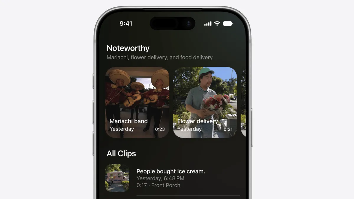 The Apple Home camera interface displays artificial intelligence descriptions and 4K video resolution settings.