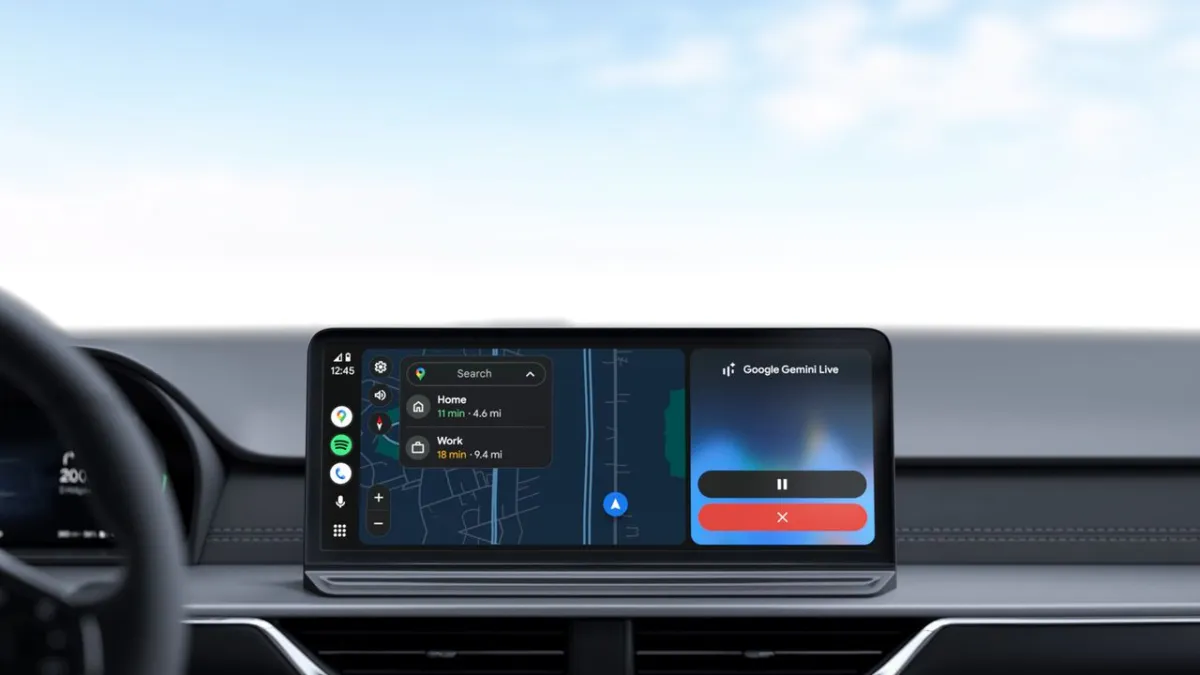 The Android Auto screen displays a Google Gemini calling error message during a voice command attempt.