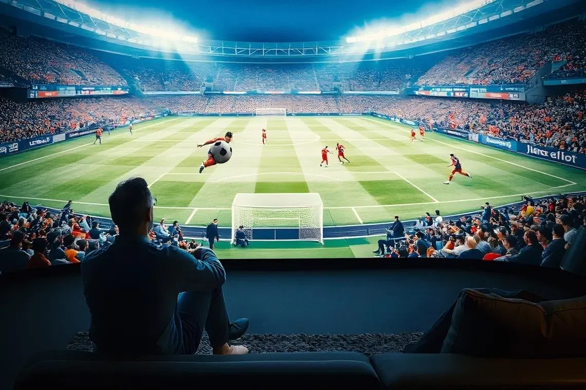 A home projector displays a sports broadcast on a large wall screen.