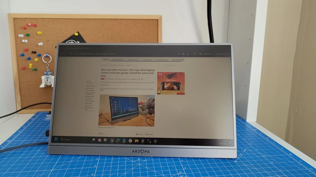 The Arzopa Z3FC portable monitor displays a 16.1-inch screen with a slim profile