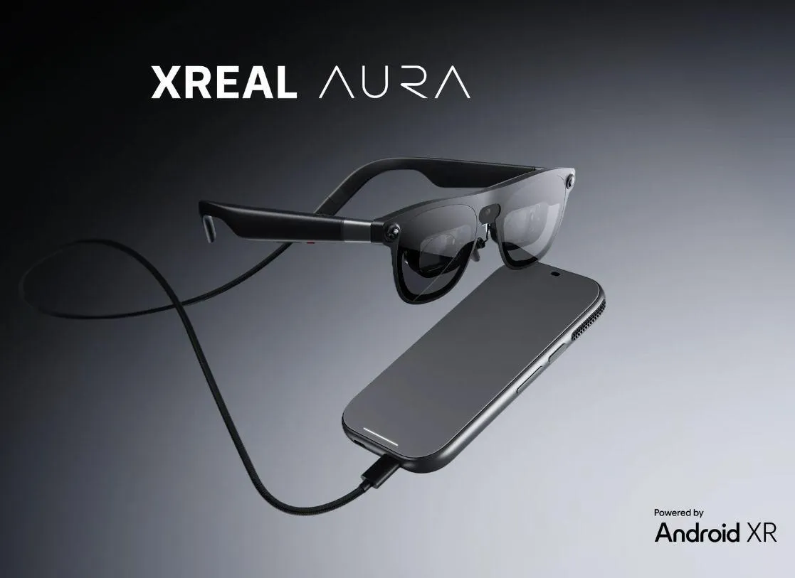 The Xreal Aura XR glasses feature a lightweight frame designed for augmented reality viewing.