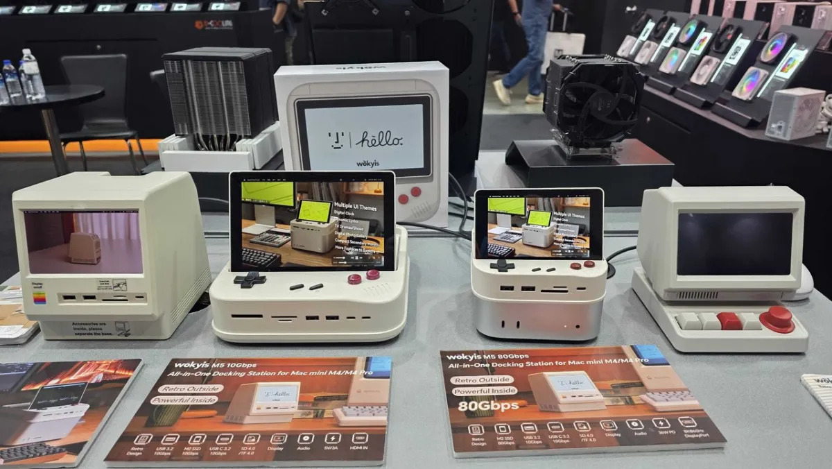 The Wokyis G7 docking station features a flip-up display and retro controller buttons for Mac Mini and Mac Studio devices.
