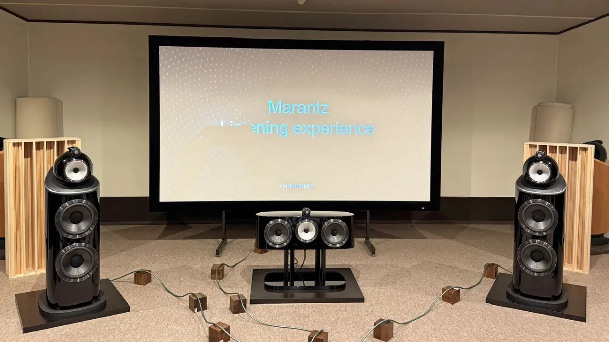 A reference listening room features a 9.4.6 speaker array and acoustic treatment for spatial audio testing.