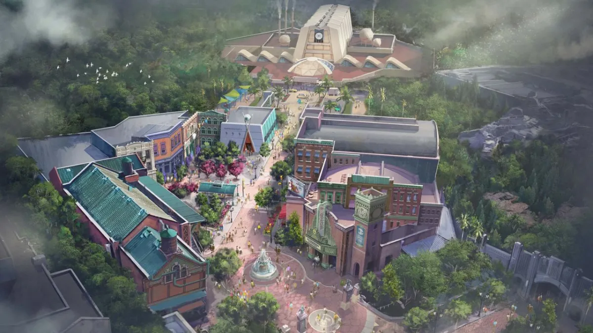 Construction work at the Monstropolis site in Disney Hollywood Studios reveals new themed structures and landscaping.