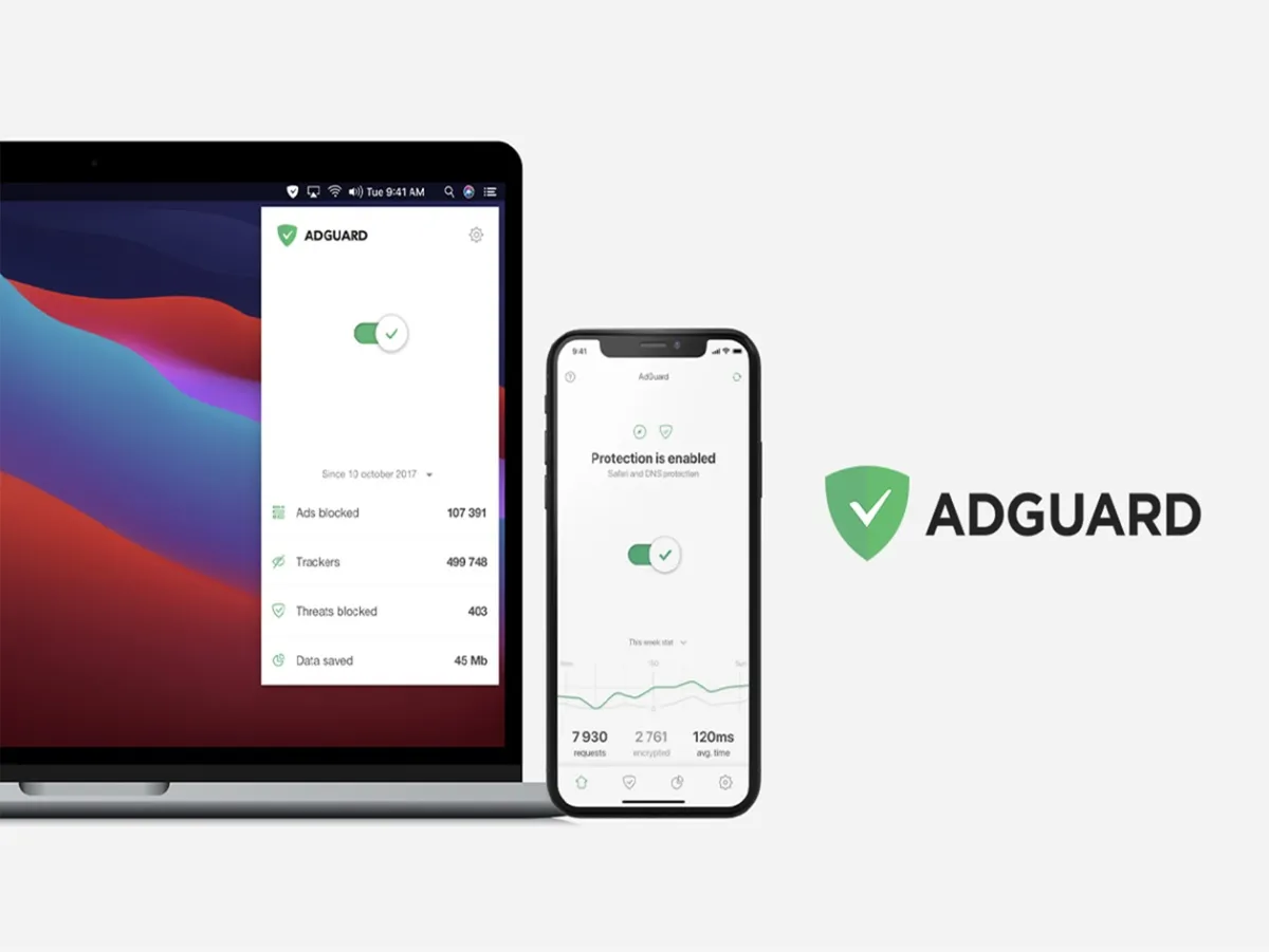 AdGuard Family Plan interface shows lifetime ad blocking and parental controls for nine devices.