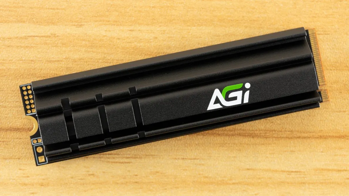 The AGI AI858 2TB PCIe 5.0 solid state drive is shown with its thermal heatsink.