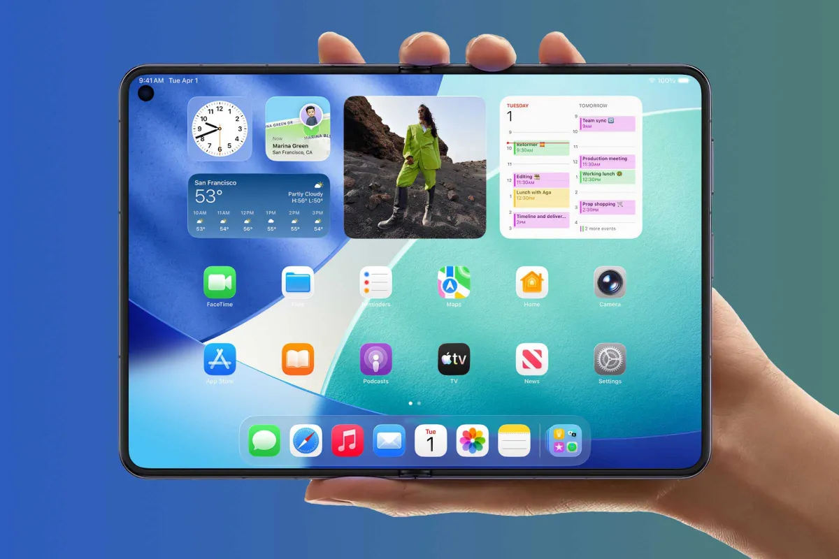 The iOS 27 beta interface shows code and layout adjustments for a forthcoming folding iPhone.
