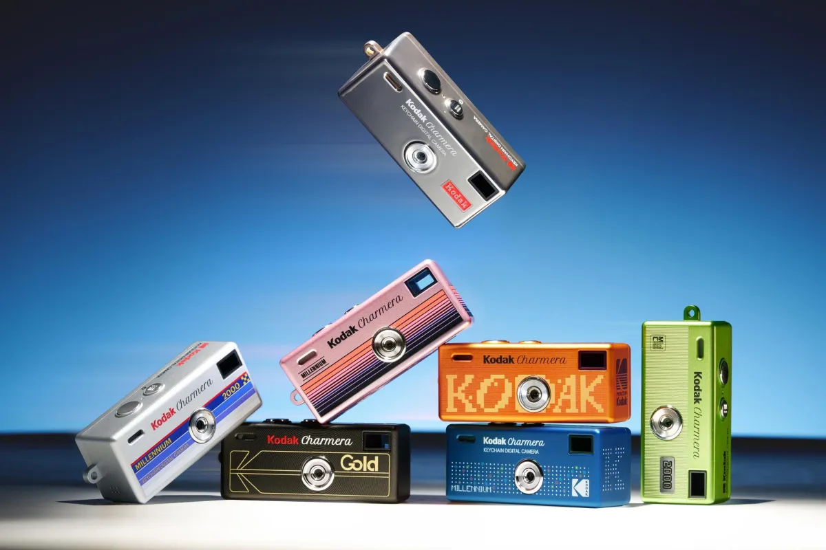 The Kodak Charmera Millennium Edition camera displays Y2K styling and retro filter options.