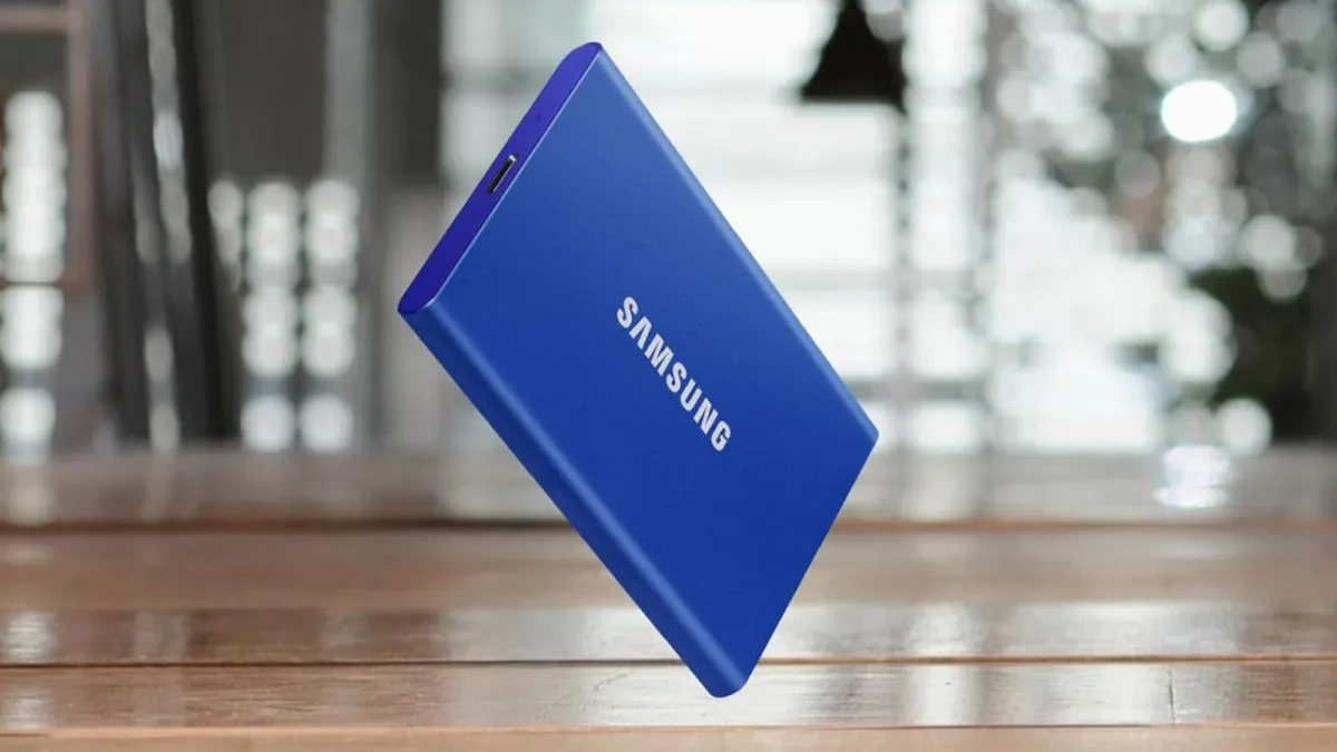 The Samsung T7 portable SSD features a compact aluminum casing and a USB Type-C connector.