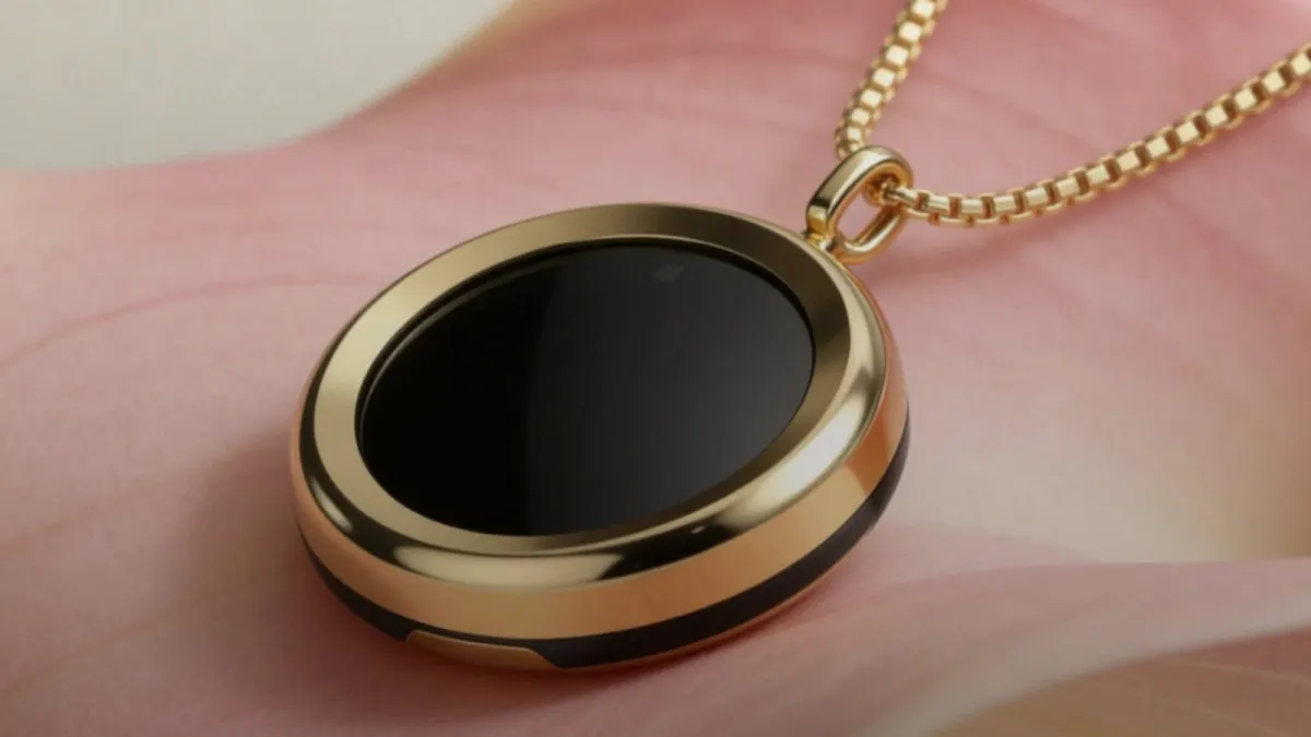 A compact smart necklace worn around the neck monitors daily ultraviolet exposure levels.
