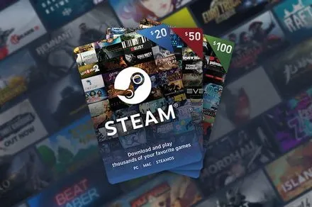 Physical Steam gift cards are arranged on a retail store shelf.
