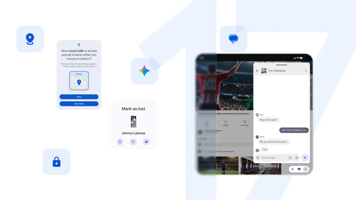 The Android 17 interface displays floating window multitasking and a dedicated gaming layout on a foldable screen.