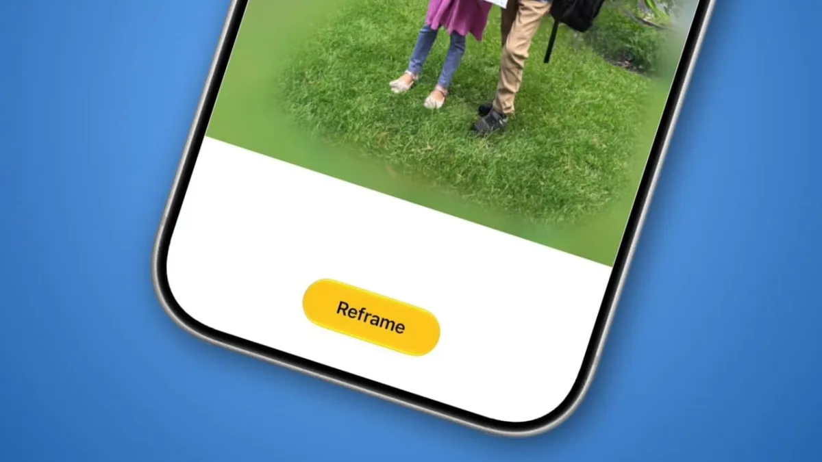 iOS 27 Spatial Reframing tool adjusting photo perspective and filling missing areas with generative AI.