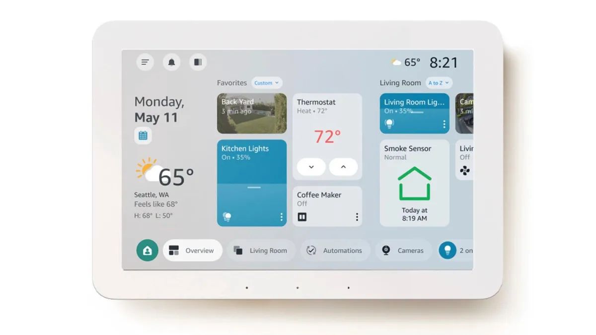 The Echo Hub smart display shows a customizable dashboard with resizable tiles and smart home controls.