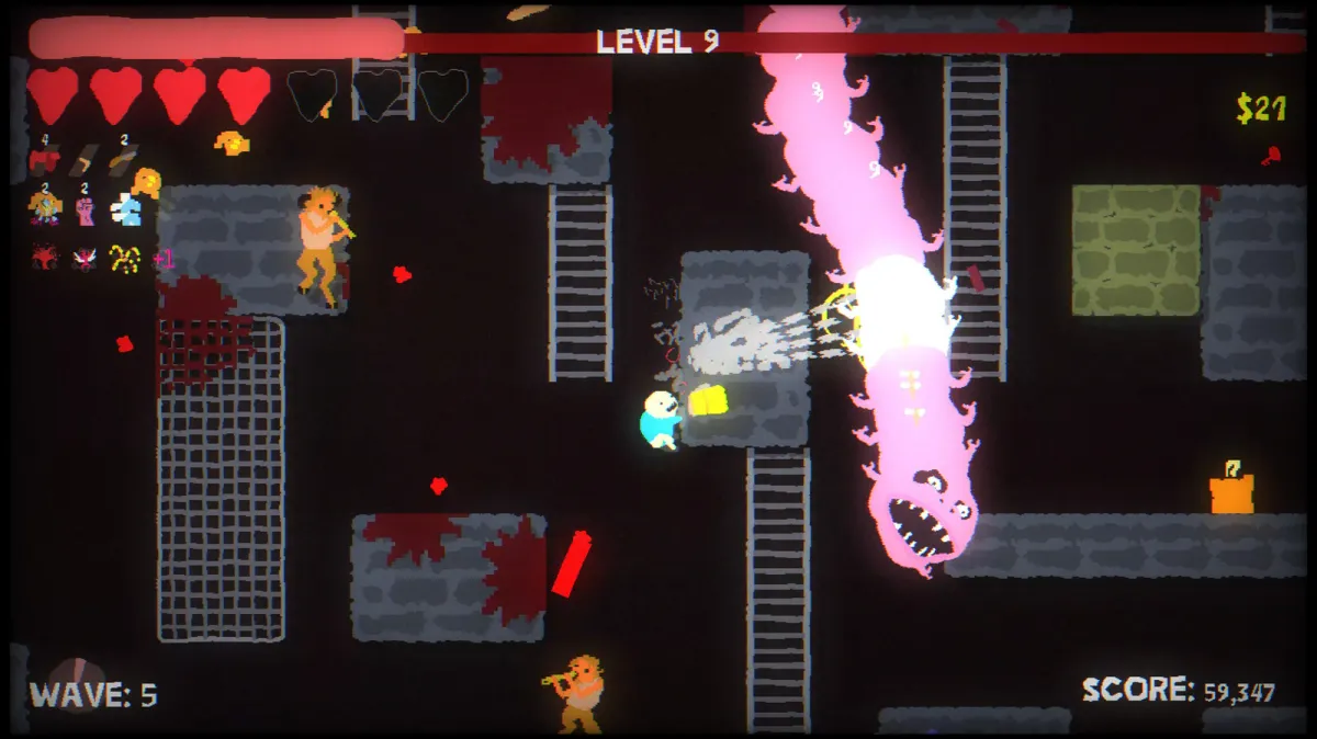 A character navigates a gravity-based maze while auto-shooting enemies in the survival platformer Blood Dungeon.