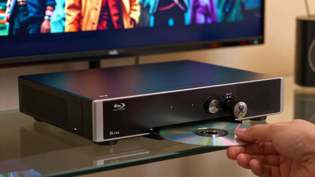 Physical media discs arranged beside a dedicated home theater playback unit