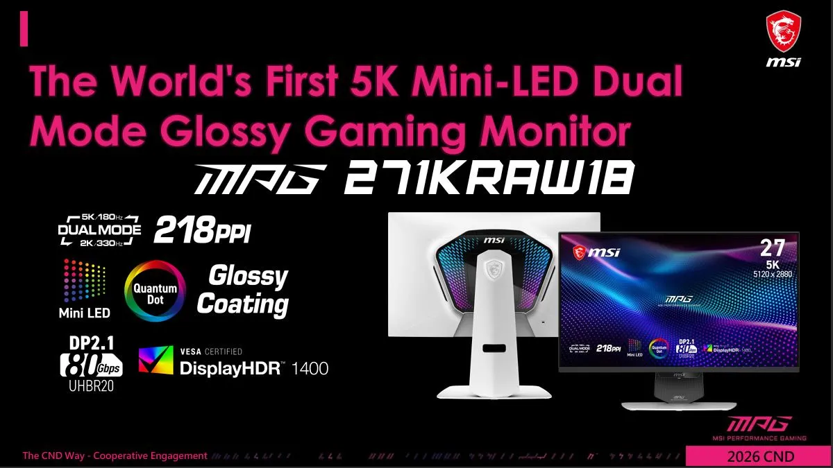 MSI and Gigabyte 27-inch 5K Mini-LED monitors featuring 2,304 dimming zones and glossy panels.
