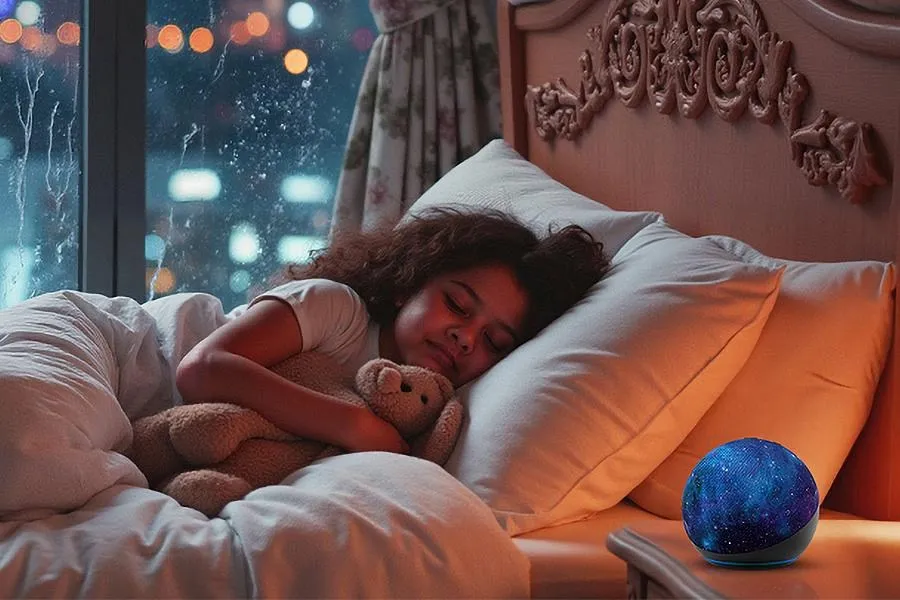 An Echo Kids device displays the Sleep Studio interface for managing child bedtime routines.