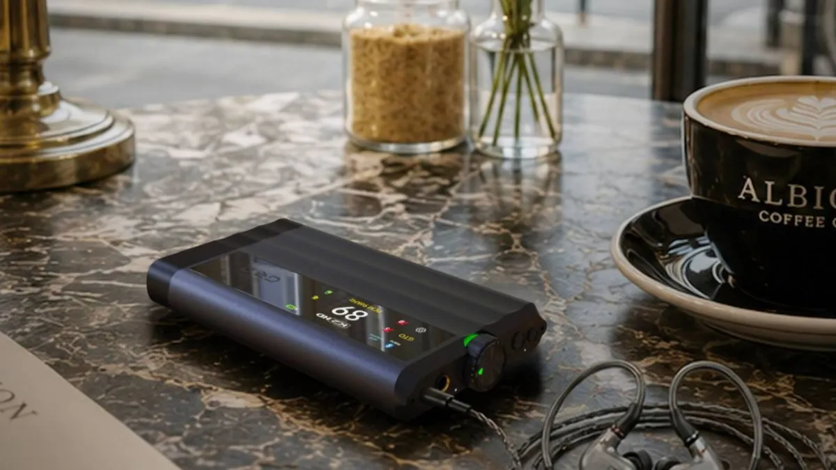 iFi iDSD GR2 portable DAC featuring its undulating chassis and color OLED touchscreen display.
