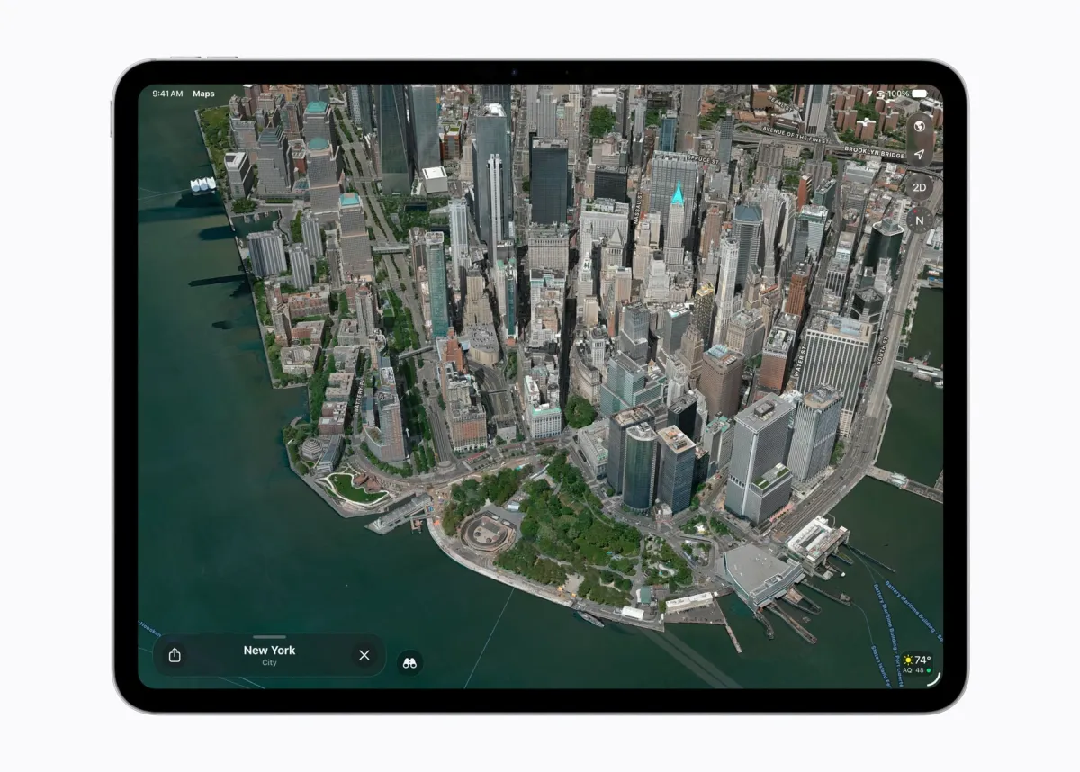 Apple Maps interface displaying an AI generated flyover view alongside a newly added section for local business lists.