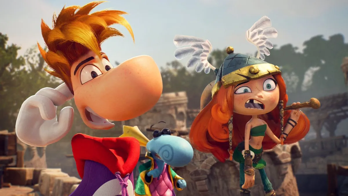 Rayman and friends navigate a vibrant platforming level in the Snowdrop engine remake.