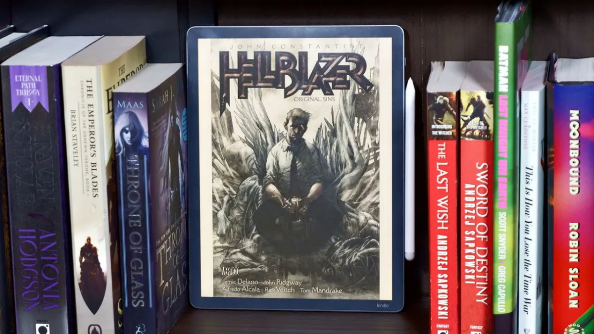 The Amazon Kindle Scribe Colorsoft e-reader displays color text and digital writing tools on its large screen.