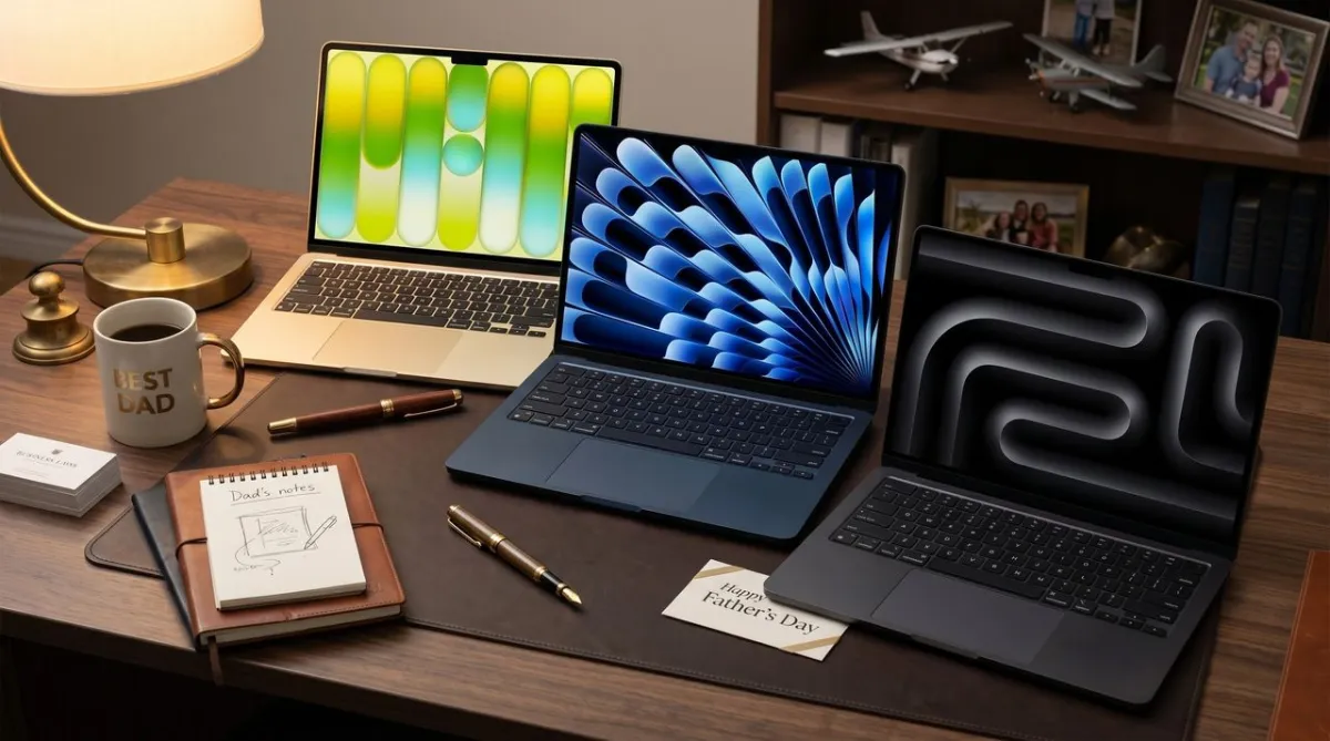 This image displays a lineup of laptops representing budget, mid-range, and gaming options for Father's Day.