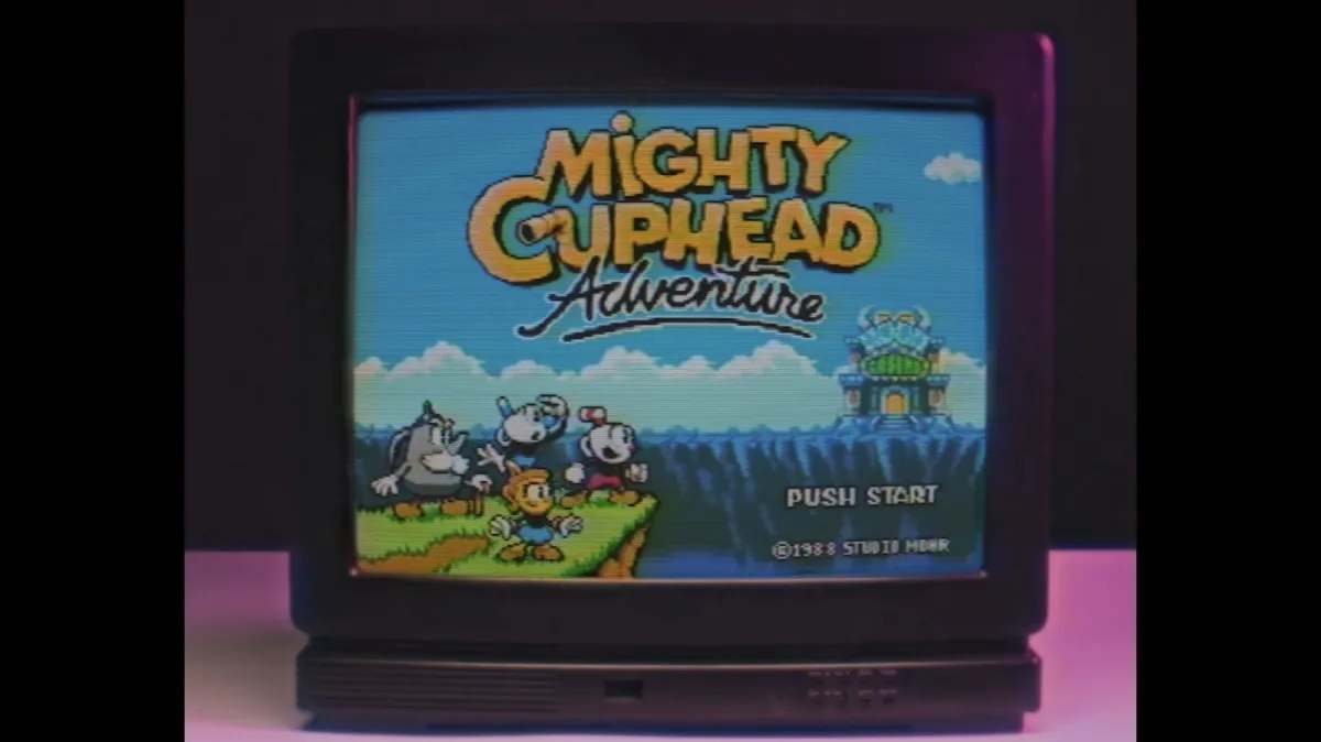 Mighty Cuphead Adventure title screen displaying its eight-bit pixel art style and Sega Master System interface.
