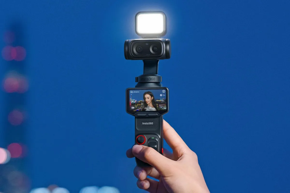 The Insta360 Luna Ultra handheld stabilized camera features a dual-lens system and a detachable touchscreen remote.