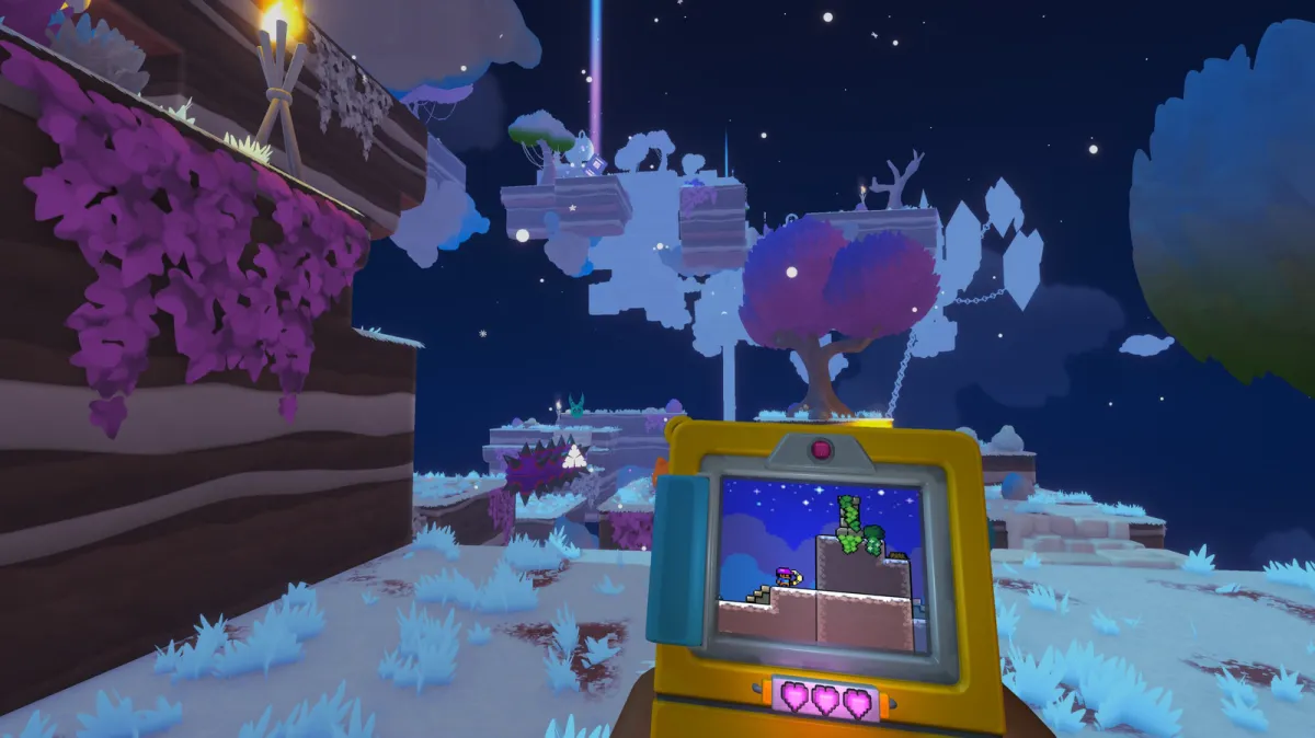 Gameplay demonstrating the handheld interface navigating a three-dimensional environment across separate visual layers.