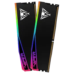 The Patriot Viper Elite 5 Ultra RGB DDR5 48 GB memory module features a visible aluminum heat spreader and RGB lighting.
