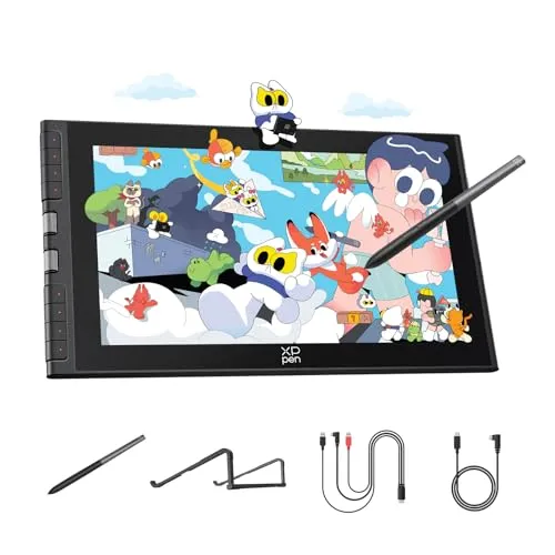 A large screen drawing tablet displays digital artwork alongside a connected stylus.