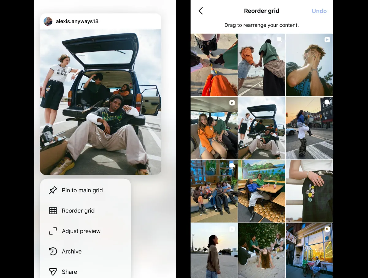 The updated interface allows users to drag and drop photos to rearrange their Instagram profile grid.