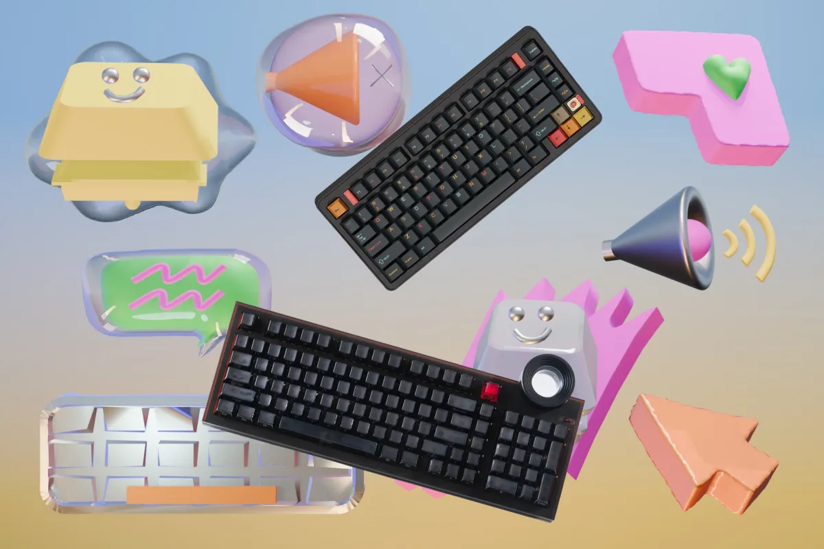 The Evoworks Evo75 and Dry Studio ATM98 mechanical keyboards are displayed side by side for visual comparison.