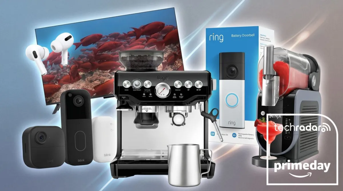 Discounted smart home security, audio equipment, and kitchen appliances displayed for early Prime Day deals