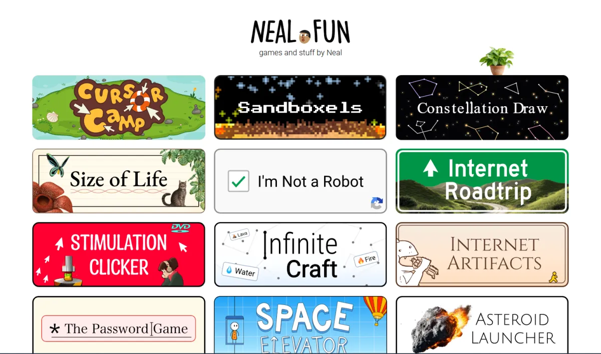 The Neal.fun homepage displays interactive experiments, games, and data visualization tools.