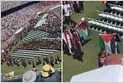 Sundar Pichai delivers a Stanford commencement address while students walk out of the auditorium.