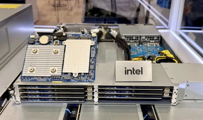 A Gigabyte chassis contains forty Intel Lunar Lake processing modules arranged in a compact pizza box form factor.
