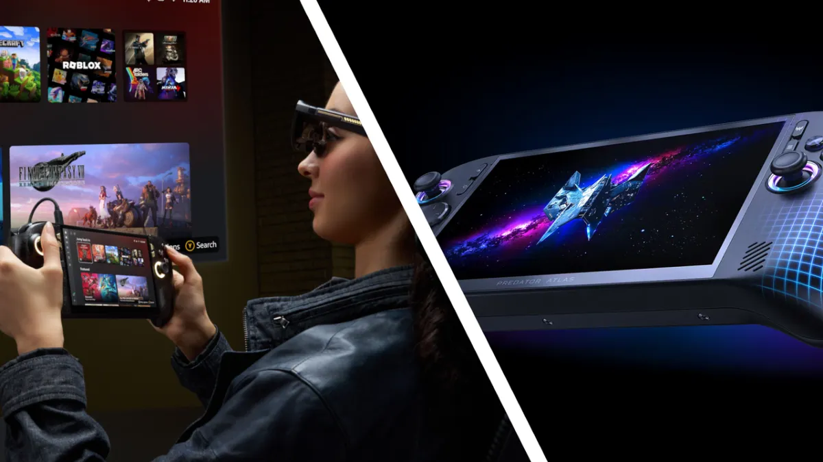 Several handheld gaming PCs are displayed with improved screens and ergonomic designs for the 2026 lineup.