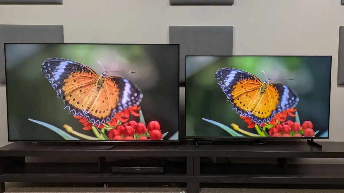 Two display panels compare color vibrancy and contrast between traditional and RGB mini-LED technologies.