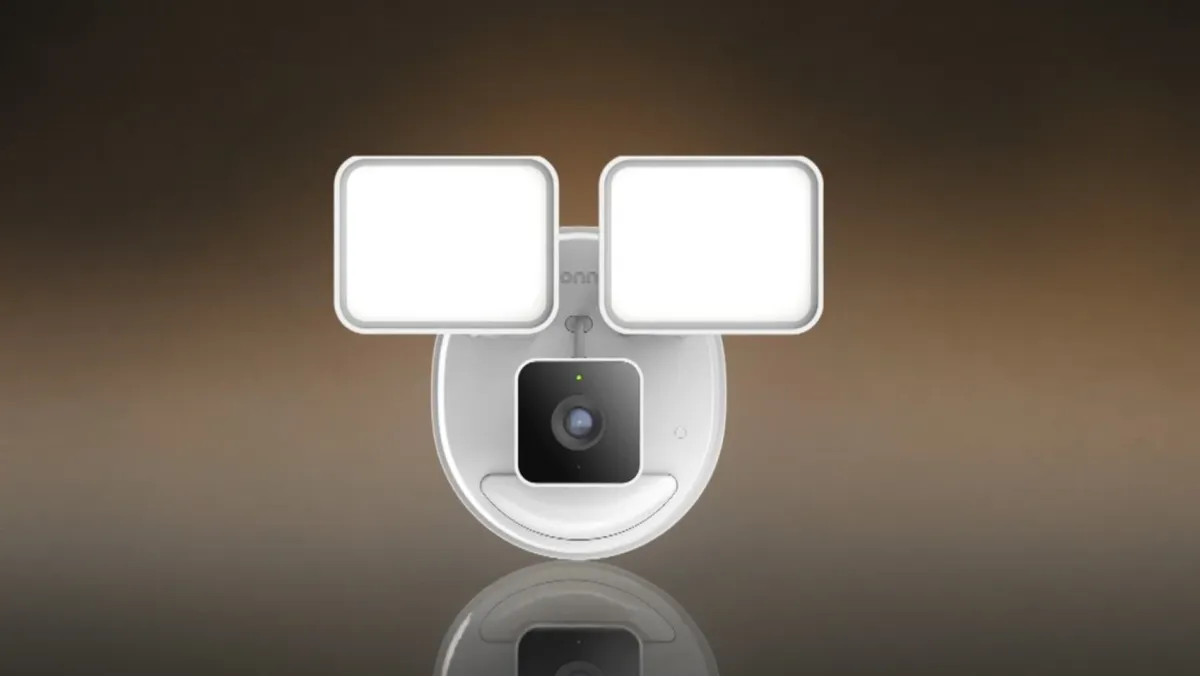 The leaked Onn floodlight security camera features motion-activated lighting and a compact outdoor design.