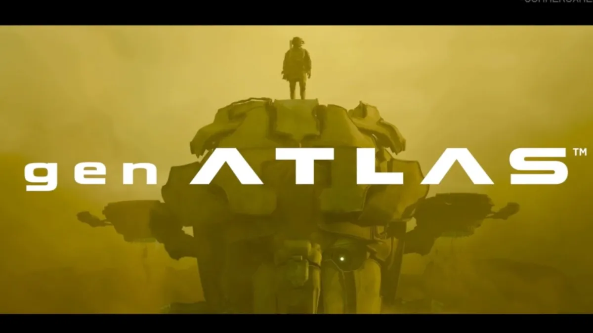 A giant robot navigates through a decaying high-tech environment in the video game gen Atlas.